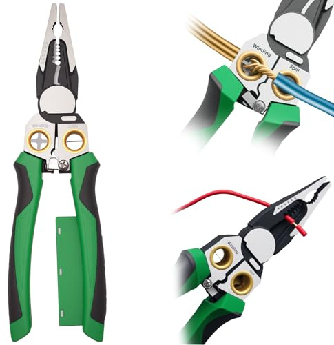 8 In 1 Wire Stripper with Voltage Tester,Compact Portable Electrician Multitool,Electric Pliers with Alarm & Flash Detects 12V-220V AC/DC(Non-Rectified Dc) for Strip,Cut,Crimp,Split,Wrap,Pull(Green)
