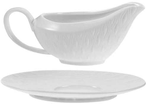 BIUDECO Salsera de Cerámica Color Blanco 255 Ml con Asa y Platillo, Taza para Salsa Multiusos para Aderezos, Barquitos de Condimentos y Platos de Salsa en Hogar, Restaurantes y Catering