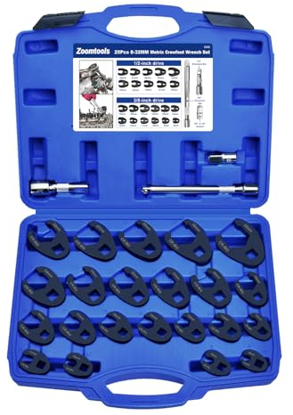 Zoomtools 25tlg 8-32mm Krähenfußschlüssel-Set Hahnenfußschlüssel maulschlüssel, 3/8 1/2 Antrieb, metrisch, mit Adapter und Verlängerungsstangen, Drehmoment Gabelschlüssel Satz