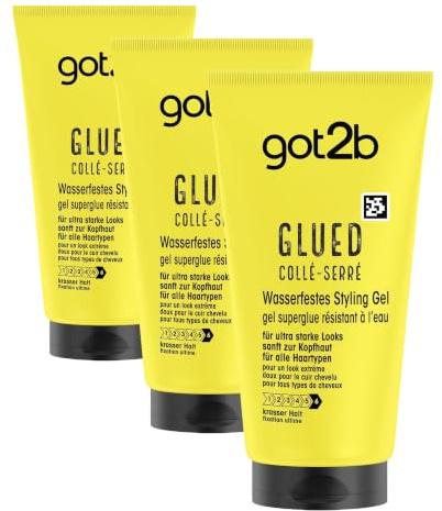 Got2b – Gel Coiffant - Superglue Glued - Collé-Serré - Résistant à l'Eau - Fixation Ultime - Formule Végane - Coiffant Cheveux - Tenue Parfaite - 150ml (Lot de 3)
