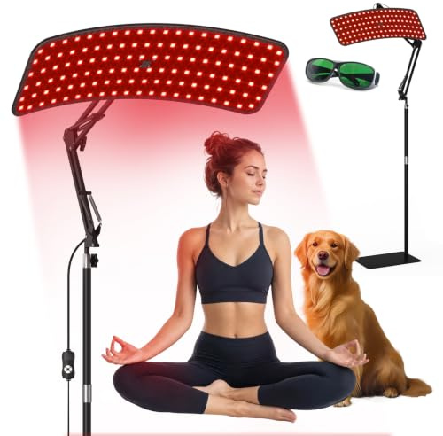 Red Light Lamp for Face & Body, 126 LED Curved Light Panel with 660nm 850nm 940nm Light, 5 Brightness Levels, Adjustable Stand & Protective Glasses for Home Wellness & Relaxation