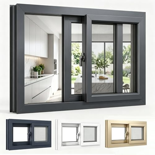 Schiebefenster aus Aluminium, Gehärtetes Glas Fenster mit Einbruchschutz, Maßgefertigt Schiebefenster als Fenster Ersatz für Balkon und Terrassen(Dark gray,83x48cm)