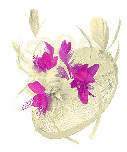 Caprilite Cream Ivory and Fuchsia Hot Pink Sinamay Disc Saucer Fascinator Hat for Women Weddings Headband