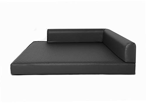 Mayaadi-Home Eck Hundebett Rogo Hundekorb Kunstleder Hundesofa Hundekissen Gestepptes Schwarz S (60x80x10 cm)