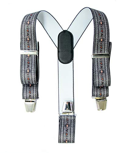 FREI Hosenträger. Edelweiss mit Alpenmuster, anthrazit, mit Lederkreuz und Metallclips. Schweizer Herstellung.