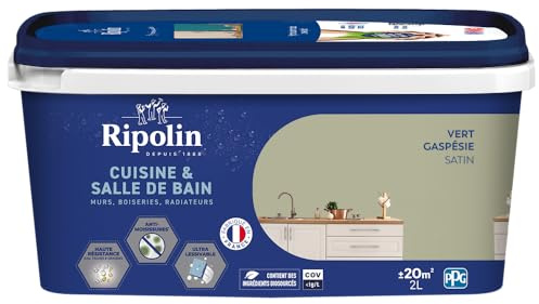 Ripolin - Peinture Intérieure Cuisine et Bain – Murs, Boiseries et Radiateurs - Adapté Pièces Humides - Effet Perlant - Lessivable - Haute Résistance - Vert Gaspesie - Satin - 2L