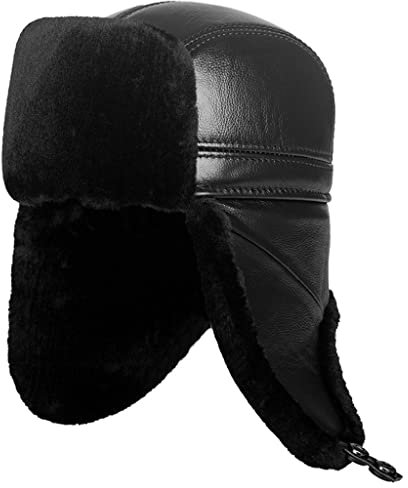 ZHOUXIAO Winter Lederhut Aviator Hut Ohrlappen, Unisex Winddichte wasserdichte Mütze Echte Lederhüte Bomber Trapper Hut, Weiche Warme Jagd Hut Russian Kunstpelz Trooper Hut black1-59-60CM