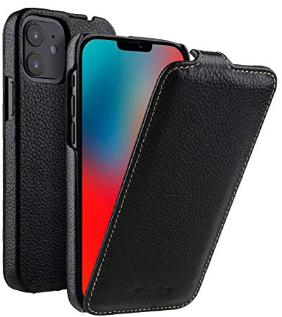 MELCKO Hülle passend für Apple iPhone 12 MINI (5,4 Zoll), Handyhülle mit beschichtetem Leder, Flip-Case, Schutzhülle klappbar, dünne Handy-Tasche, Slim Cover, Schwarz