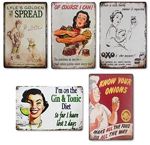 QUMENEY 5PCS Vintage Metal Tin Wall Sign Retro Plague Poster Funny Quote Rustic Style Tin Sign Unique Kitchen Wall Decor Art Gift for Home Bar Cafe Diner Pub Coffee Shop (30x20cm/ 11.8x7.9in)