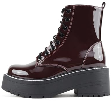 Soda FLING Women Chunky Lug Sole Lace up Fashion Combat Ankle Boot w/Side Zipper (Burgundy Patent, 9)