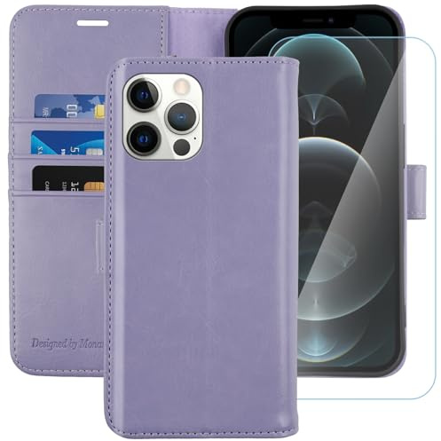 MONASAY Wallet Case for iPhone 12 Pro/iPhone 12 5G,6.1-inch[Glass Screen Protector Included] [RFID Blocking] Flip Folio Leather Cell Phone Cover with Credit Card Holder for iPhone 12/12 Pro,Lavenders