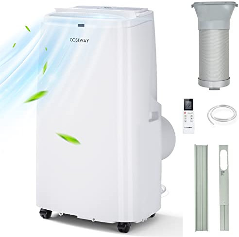 COSTWAY 9000/12000BTU Portable Air Conditioner, 4 in 1 Mobile Cooler, Dehumidifier, Fan with Sleep Mode, 3 Speeds, Auto Oscillation, LED Display, Remote Control, 24H Timer & Adapter(12000BTU)