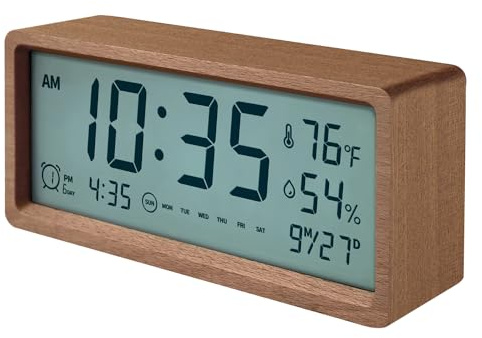 SCOAGE Digital Wooden Alarm Clocks Bedside with LED Digital Large Display Week Temperature Desk Clock Battery powered Non-ticking Desk Clock for Kids Kitchen Office (brown)