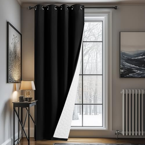 Deconovo Thermovorhang Kälteschutz, Gardinen mit Ösen gegen Kälte, Wärmeisolierend Vorhang Verdunkelung Wohnzimmer, 260x140cm(HöhexBreite), Schwarz, 1 Stück