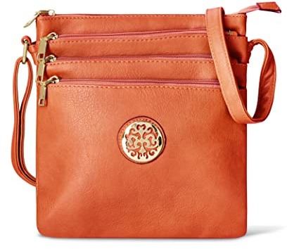 Woodland Leathers Crossbody Bags For Women, Multi Zipper Spacious Cross Body Bag Women With Adjustable Crossbody Strap, Golden decorated Women's Hobos & Shoulder Bags (Orange)