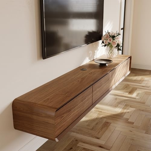 POVISON TV Schrank schwebend 160cm modern Walnussholz aus Massivholz mit 3 Schubladen, TV Lowboard hängend mit Kabelmanagement hochwertig, Komplettmöbel mit Stauraum für Wohnzimmer