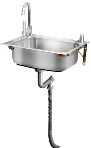 Stainless Steel Sink Wall Mount Commercial Hand Washing Station Prep Utility Kitchen & Bar Sinks Basin W/Gooseneck Faucet and Strainer for Home Garage Restaurant Laundry RV Bathroom Store