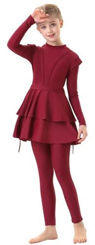 IMEKIS Kinder M�dchen Muslimische Bademode Langarm Burkini mit Hijab Volle Abdeckung Rash Guard Badeanzug 3tlg R�schen Tankini Set Sommer Badebekleidung Weinrot 9-10 Jahre
