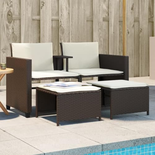 CIADAZ Gartensofa 2-Sitzer mit Tisch und Hockern Braun Poly Rattan, Gartenlounge, Garden Sofa, Balkonmöbel, Gartenmöbel, Loungemöbel - 368417