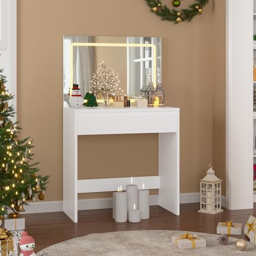 Schminktisch mit LED-Beleuchtung, 3 Farben, Einstellbare Helligkeit, Kosmetiktisch, Große Schubladen mit Verstellbare Trennwand, Frisiertisch mit Spiegel, Weiß