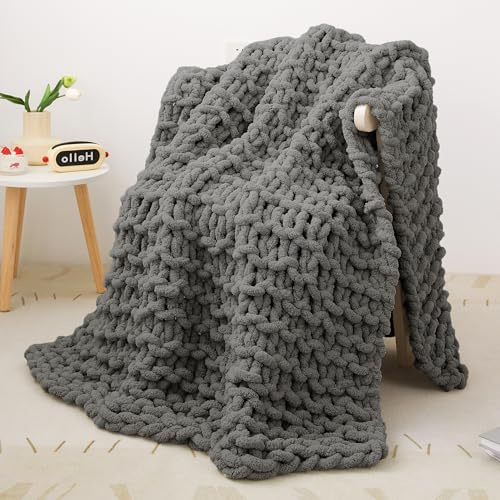 Decke Grob Gestrickte, Grobstrick-überwurf Strickwolle Dickes Garn, 100% Dicke Wolle Zum Handstricken Strickdecke, überwürfe Für Sofa Gestrickte Bettüberwurf-DeckenFürBetten, 101x127cm, Dunkelgrau