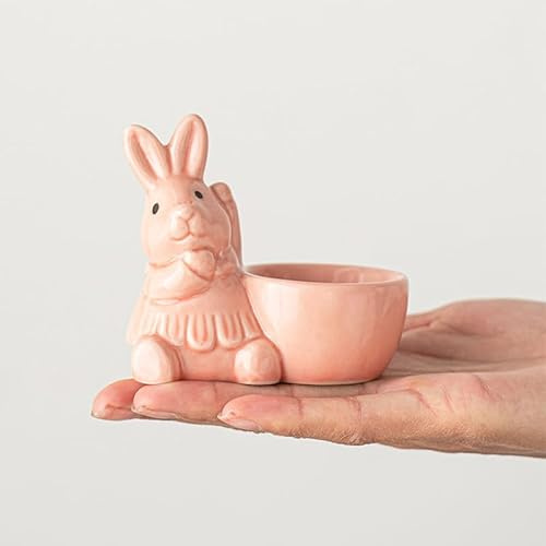 Huevera de cerámica de Pascua para huevos duros y suaves, soporte para velas de conejito de Pascua, candelabro para decoración de Pascua, mesa de cena, centro de mesa (rosa)