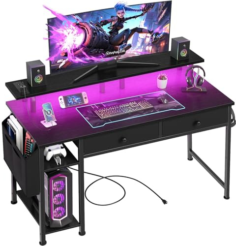 DLisiting Black Gaming Desk with Shelves and Drawers - 39 Inch Small Gaming Desk with Storage Shelves for Boys Teens Bedroom, Black Computer Desks with Drawers, Monitor Stand, Power Outlet