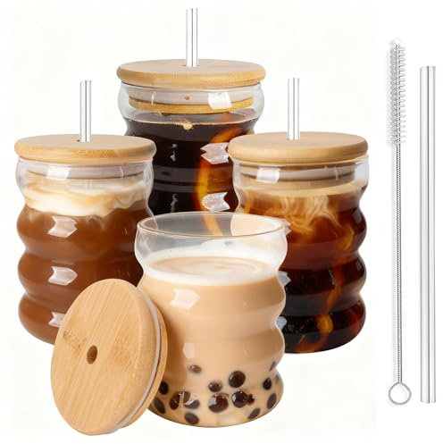 BELICOO 4 Stück Geriffelte Trinkgläser mit Glasstrohhalmen, 320ml/11oz Eiskaffeegläser mit Deckel und Strohhalm, Wellen-Gläser, Longdrinkgläser, Trinkgläser in Dosenform, Iced Coffee Glas, Cocktails