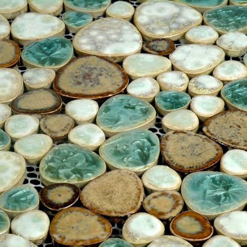 Hominter Kieselstein-Porzellan-Mosaik, glänzend, gemischt, Aqua, Creme und Kaffee, glasierte Keramikfliese für Badezimmer, Duschboden, Akzentwand, Spa-Dekor (1,5 m²)