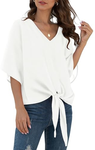 YGJIEGENG Sommarblusar för kvinnor V-hals vardaglig elegant 3/4 fladdermusärm toppar tröjor för kvinnor UK S-XXL, Vitt, S