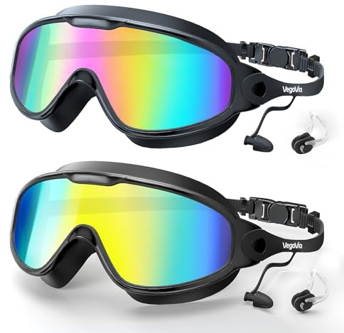 VegoVia vuxen simglasögon 2-pack, 180° bred vy anti-imma pool vattenglasögon simning vuxen UV-skydd inga läckande simglasögon vattentäta för män kvinnor ungdom pool strand öppet vatten
