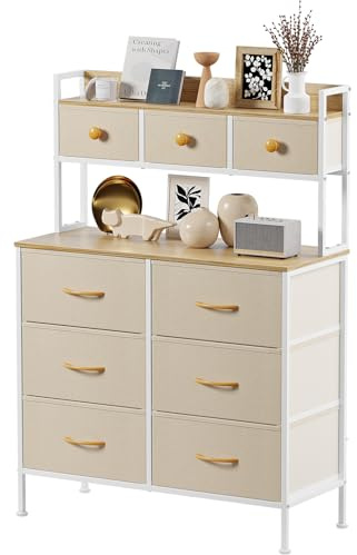 Mintnook Kommode mit 9 Schubladen, hoher Schminkkommode, Beige | Einfache Montage，Schlafzimmer，Metallgestell，Holzplatte，Wohnzimmer，Verstellbare Füße，Stabile Konstruktion