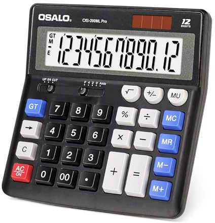 OSALO Taschenrechner große Tasten Extra großes Display 12-stelliger Tischrechner Bürorechner Schwarz (OS-200ML)