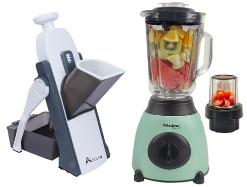 Alivio Multifunctional Vegetable Chopper 4 Cutting Modes Spring Slicer Dicer with Bistro Chef 2-in-1 Professional Mixer Blender 850W for Kitchen Ice Crusher, Smoothie Maker (2Pc Set, Green & Grey)