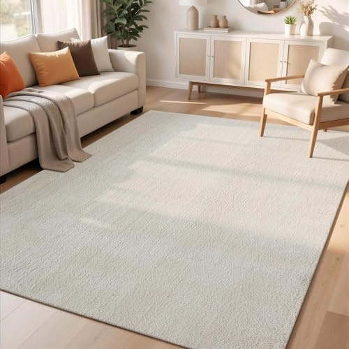 Tapis de Salon Moderne et Confortable en Polyester à Poils Courts - Revers antidérapant - Super Doux - pour Chambre à Coucher et Couloir - Crème - 80 x 120 cm