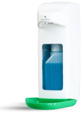 Hygiene365® Dispensador de desinfectante automático para botellas europeas, dispensador europeo y dispensador desinfectante con sensor, dispensador de jabón de pared y recargable (blanco con verde