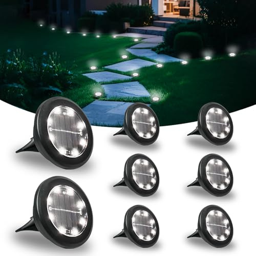 Hqynss Lot de 8 Lampe Solaire Exterieur Au Sol, 8 LED Jardin Lumiere Solaire Extérieur, Lumière Solaire IP65 Étanche Longue Durée de Vie, Spot Solaire pour Chemins Pelouse Allée Terrasse, Blanc Froid