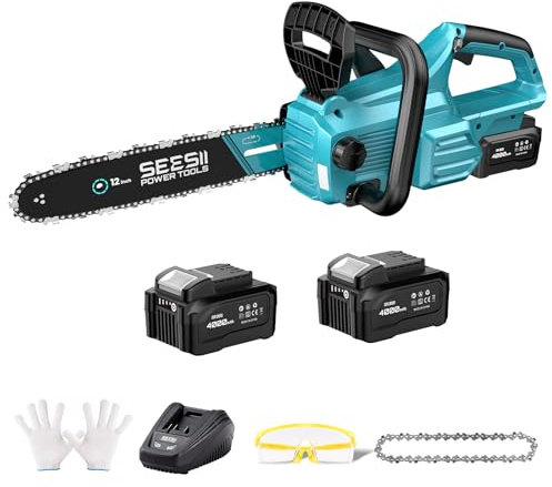 SEESII Motosierra eléctrica inalámbrica de 12 pulgadas, motosierras de mano con 2 baterías de 4.0 Ah, sierra de árbol con tensión de cadena sin herramientas, lubricación automática para cortar madera
