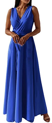 VEMOW Vestido de Noche Largo Mujer Mangas Cuello en V Maxi Vestido Envolvente Plisado A-línea Larga Vestidos de Cóctel Fiesta Corte Imperio Vestidos de Invitadas de Boda(Azul,XXL)