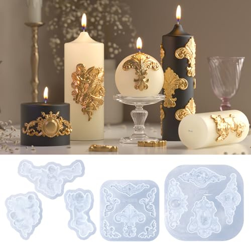 Silikonformen Gießformen, Europäisches Engelmuster Relief Gießformen Silikon, Barock Relief Giessformen Silikon, Reliefmuster Silikonform Gießform 5er Set für DIY Kerzen Deko (A)