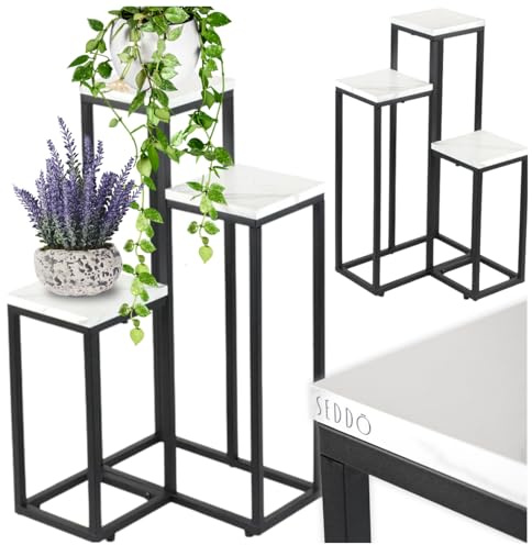 ZOLTA Pflanzenständer Loft-Design 3 Ebenen Blumenständer Pflanzenregal Blumentopfständer Metall Schwarz + Weiß Marmor für Wohnzimmer, Büro, Wintergarten, kompakt & stabil einfache Montage