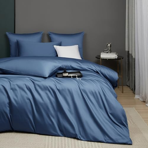 Luofanfei Bettwäsche 135x200 Baumwolle Kühlend Blau Mako Satin Sommer | Glatt Luxus Muster Atmungsaktiv Bettwäscheset Weich und Bügelfrei Uni Bettbezug Einzelbett und Kissenbezug 80x80 cm