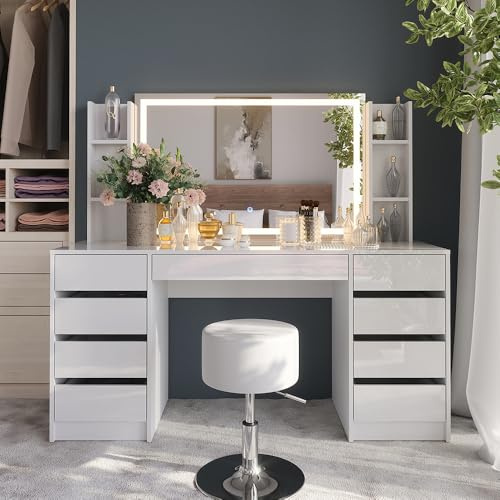 Vicco Schminktisch Sherry, Weiß/Weiß Hochglanz, 158.2 cm | 5 Teile, mit LED-Beleuchtung und gepolsterter Sitzbank