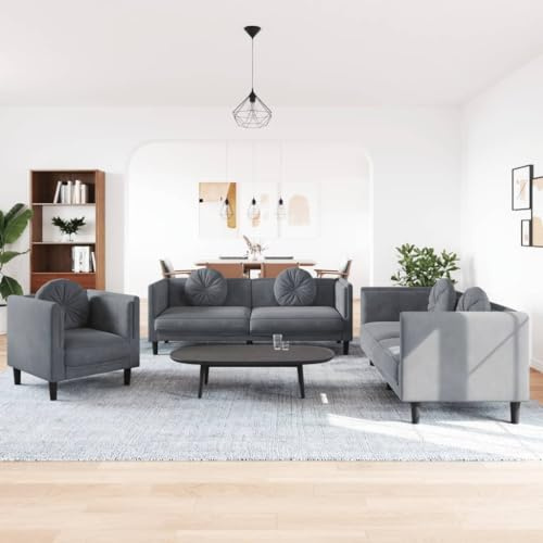 WEMYUFURN Samt Sofagarnitur 3 Sitzer mit Zierkissen und Polsterstuhl, Bequemes Sitzerlebnis durch weichen Velours Stoff, Modernes Design für Wohnzimmer, Graue Couchgarnitur