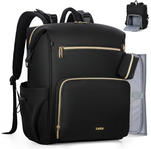 Lekesky Wickelrucksack Groß, Baby Wickeltasche Rucksack mit Wickelunterlage & Kinderwagengurten, Multifunktionaler Diaper Bag mit Schnullerhalter & Diebstahlschutz-Fach für Mama und Papa, Schwarz