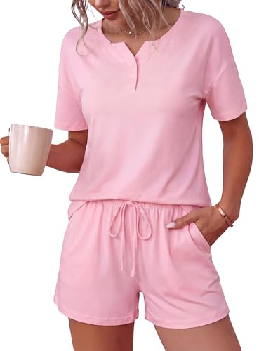 Aseniza Pijama Mujer Verano Algodón Conjunto Corto Camiseta Manga Corta y Shorts Ropa de Dormir Loungewear con Cuello en V y Botones Rosa XXL