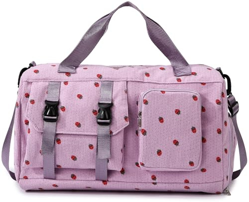 Waniki Sporttasche Kinder Mädchen Erdbeere Cord Reisetasche Damen Weekender Schwimmtasche mit Schuhfach und Nassfach Teenager Travel Bag Balletttasche für Reisen, Fitness, Sport, Gymnastik, Schule