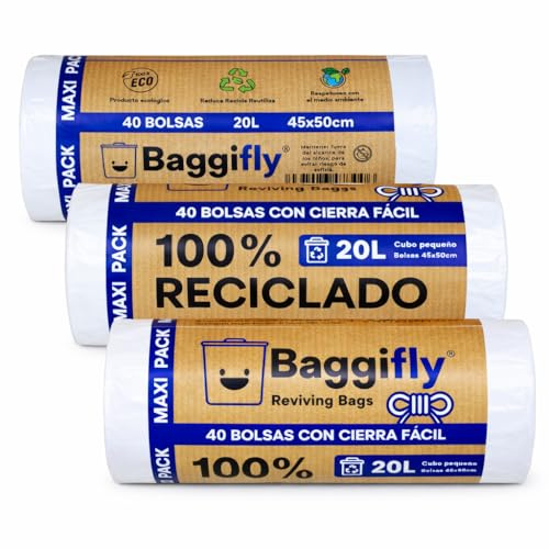 Baggifly, Bolsas de Basura 20L, 120 Bolsas Resistentes, 100% Recicladas, Cierre Fácil, ECO Friendly, Ideal para oficinas, clínicas, hoteles, baños, Maxi Pack 3 x 40, Fabricado en España, Blanco