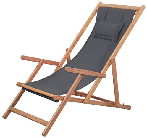 SKTQYQO Klappbarer Strandstuhl aus Holz, neigbar, 3 Positionen, für Garten, Terrasse, Balkon, Grau, mit robustem Gestell und wasserdichtem Stoff