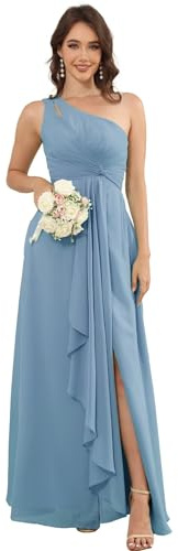 Vtorliya One Shoulder Bridesmaid Dresses for Wedding Women Chiffon Pleated A Line Formal Party Gowns with Slit and Pockets Dusty Blue